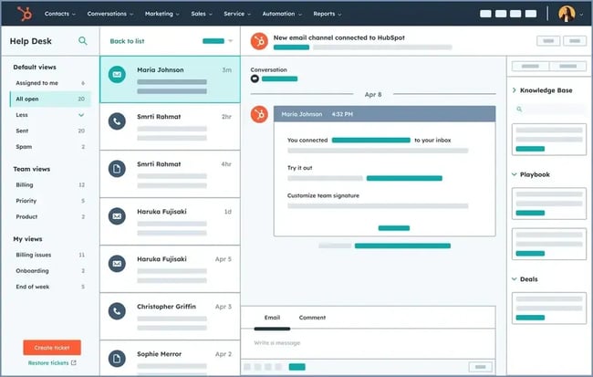 examples of customer service automation, HubSpot help desk and ticketing tool